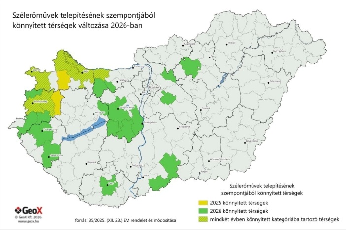 Szélerőművek telepítése szempontjából könnyített térségek 2025-ben és 2026-ban