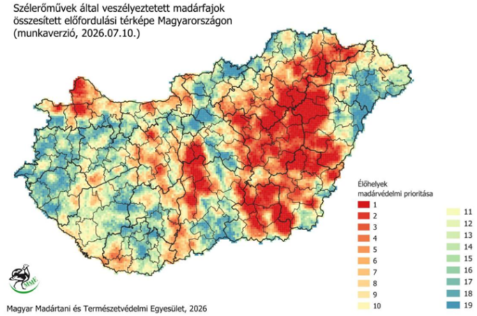 Szélerőművek által veszélyeztetett madárfajok összesített előfordulási térképe Magyarországon